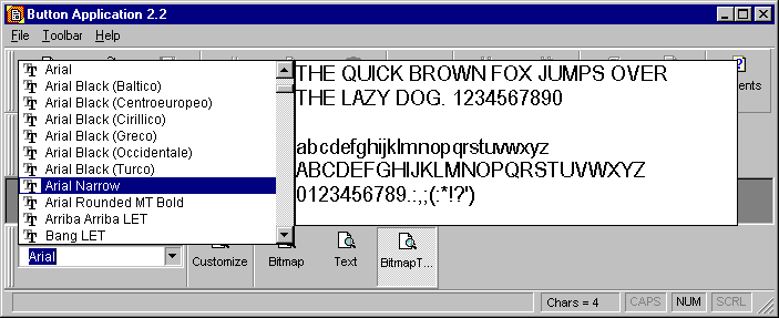 Una combobox per i font con una finestra di anteprima del font.